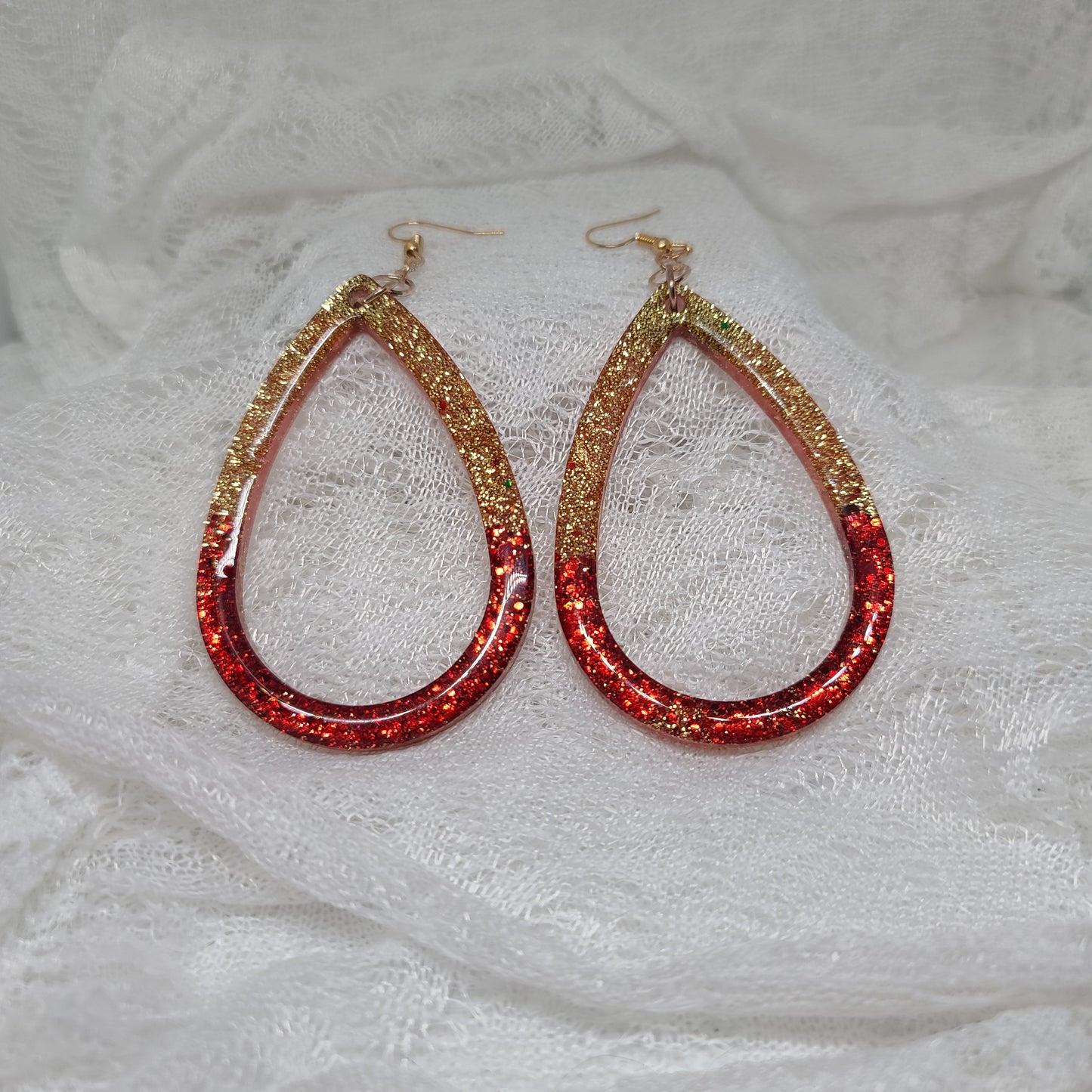 Red & Gold Glitter Large Hoop Teardrop Earrings