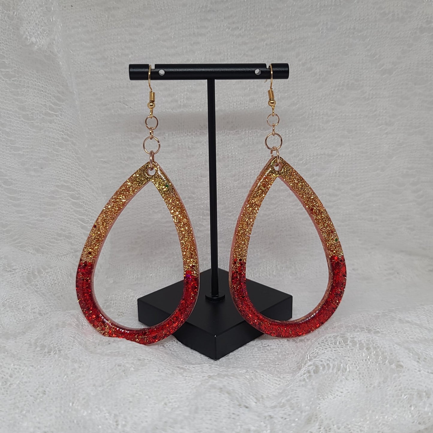 Red & Gold Glitter Large Hoop Teardrop Earrings