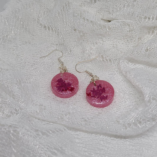 Pink Shimmer With Pink Butterfly Confetti Round Dangle Earrings