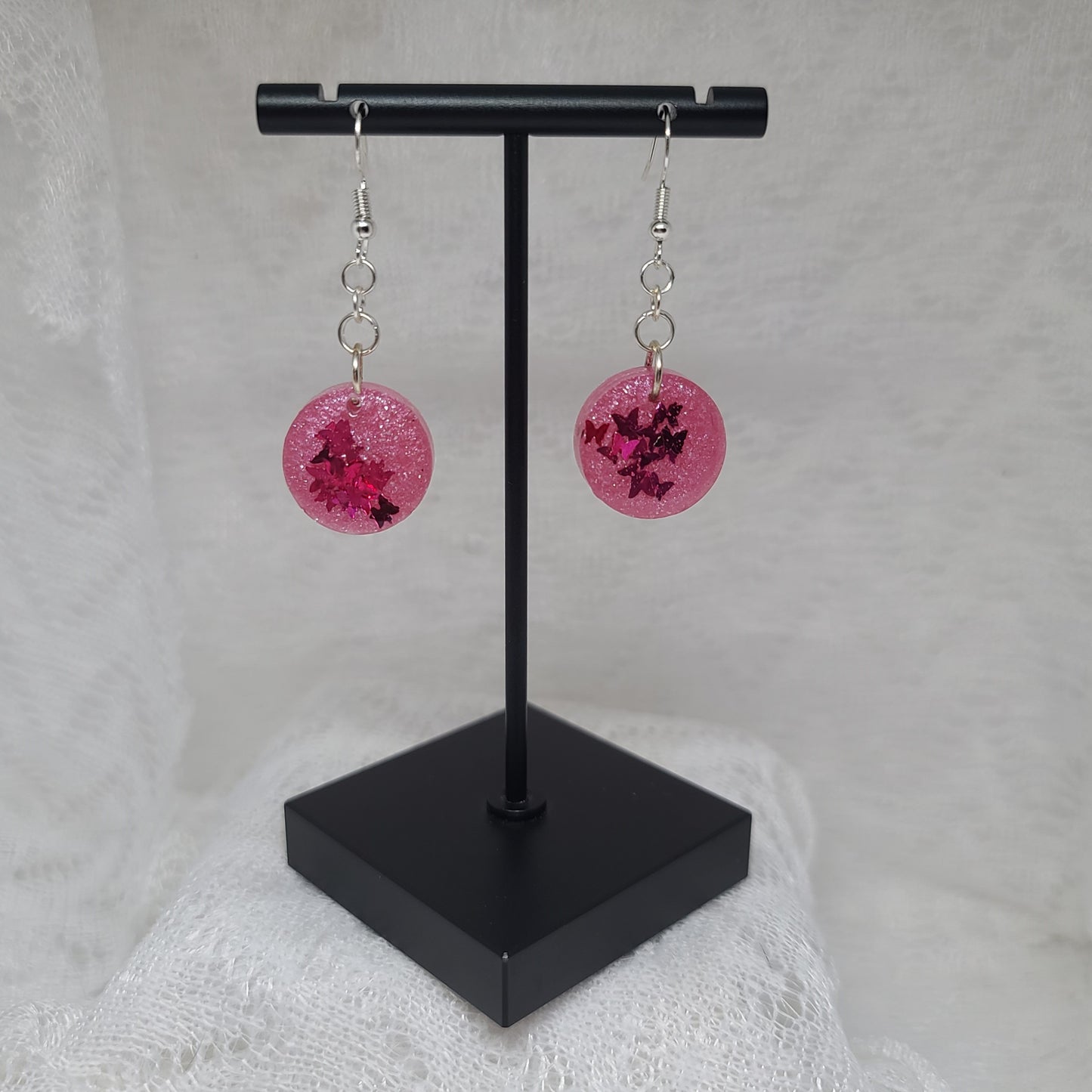 Pink Shimmer With Pink Butterfly Confetti Round Dangle Earrings