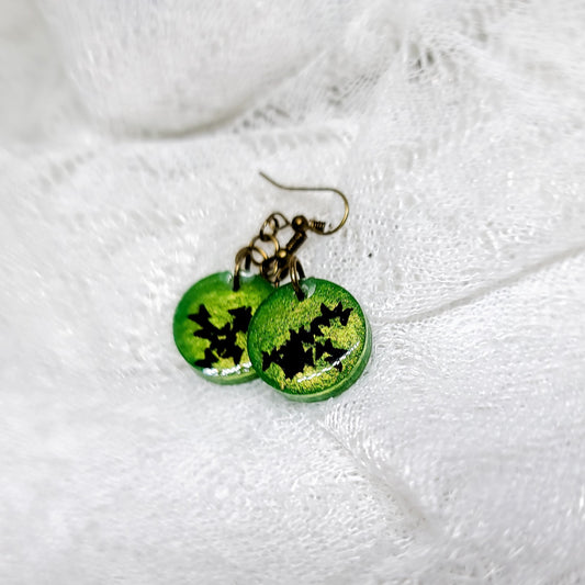 Green Shimmer With Black Butterflies Round Dangle Earrings