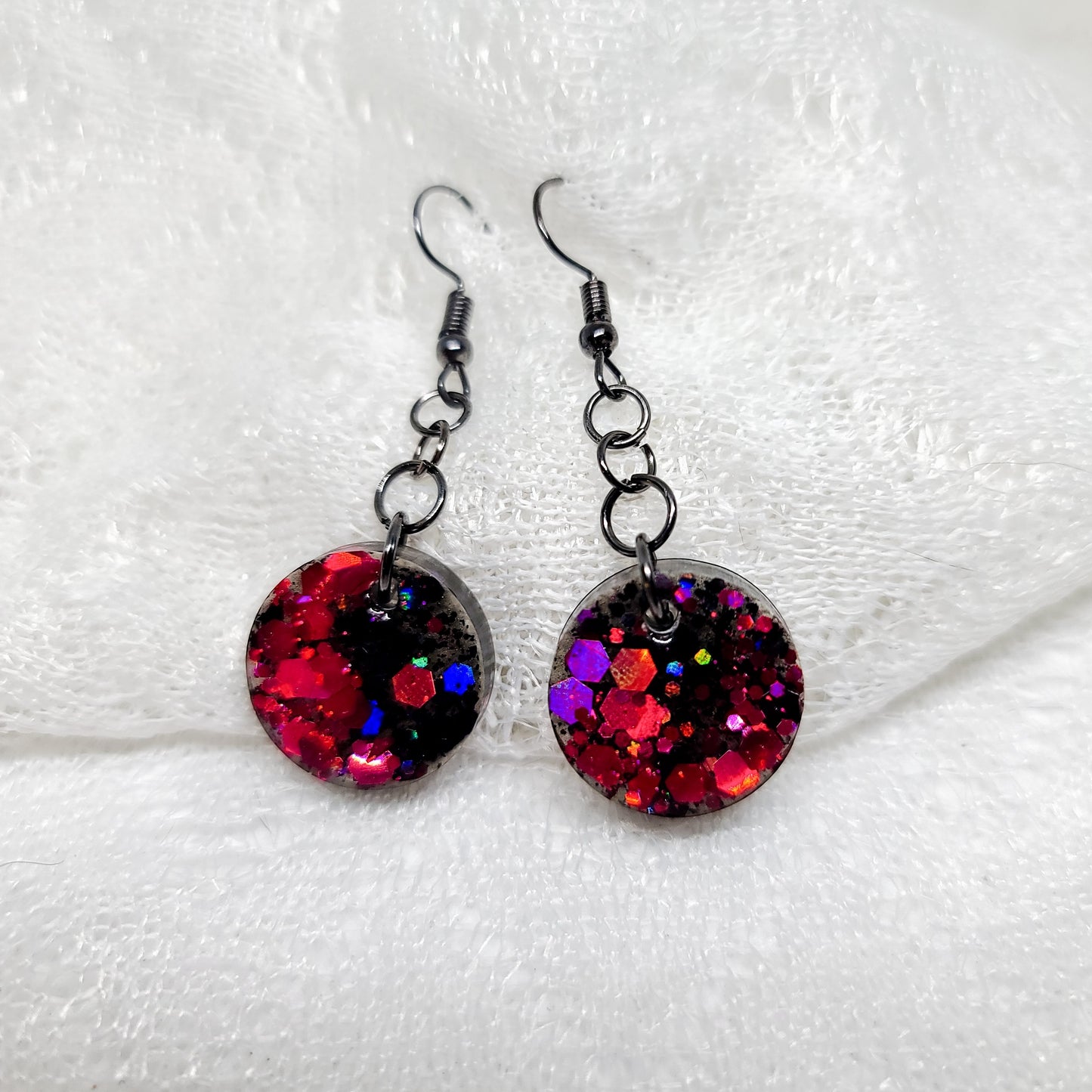 Red and Black Chunky Glitter Round Dangle Earrings