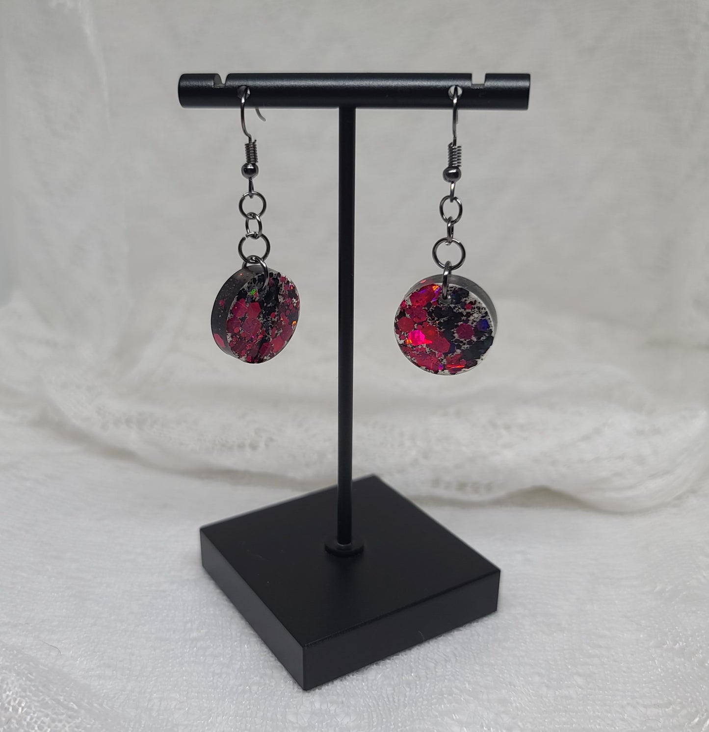 Red and Black Chunky Glitter Round Dangle Earrings