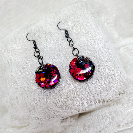 Red and Black Chunky Glitter Round Dangle Earrings
