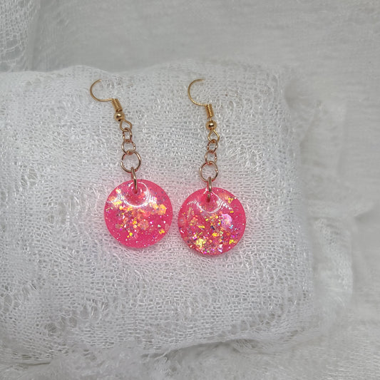 Hot Pink with Iridescent Chunky Glitter Round Dangle Earrings