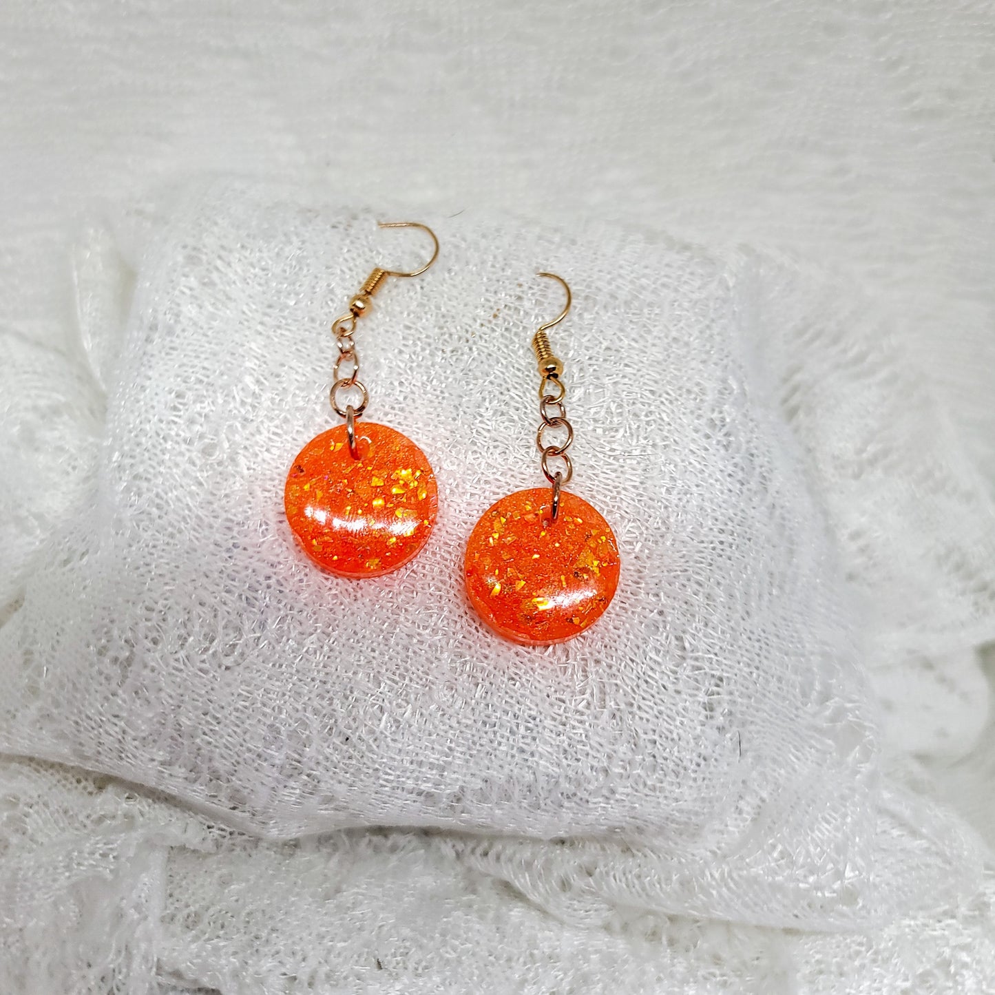Orange Gold Confetti Round Dangle Earrings