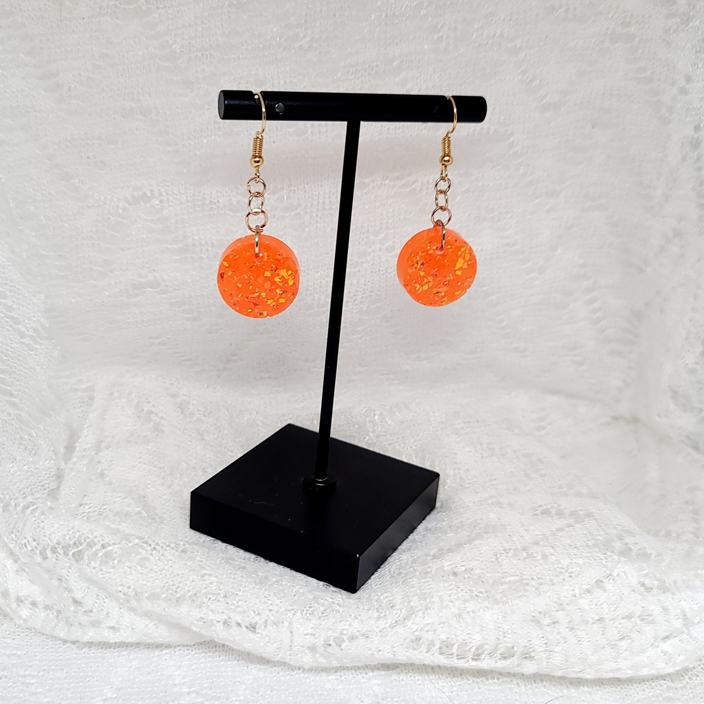 Orange Gold Confetti Round Dangle Earrings
