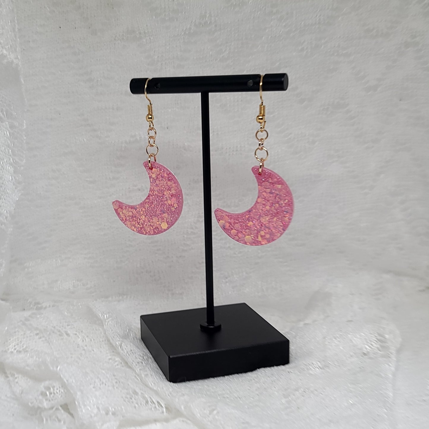 Pink Chunky Glitter Moon Dangle Earrings