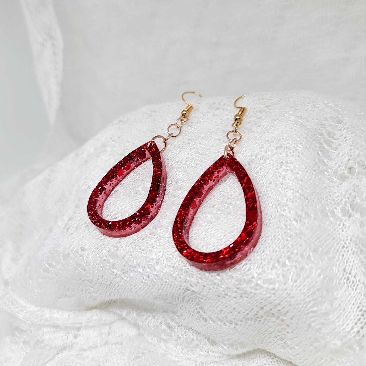 Red Glitter Teardrop Hoops Small