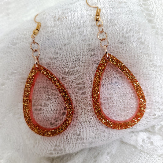 Gold Glitter With Red Tint Small Teardrop Hoop Earrings