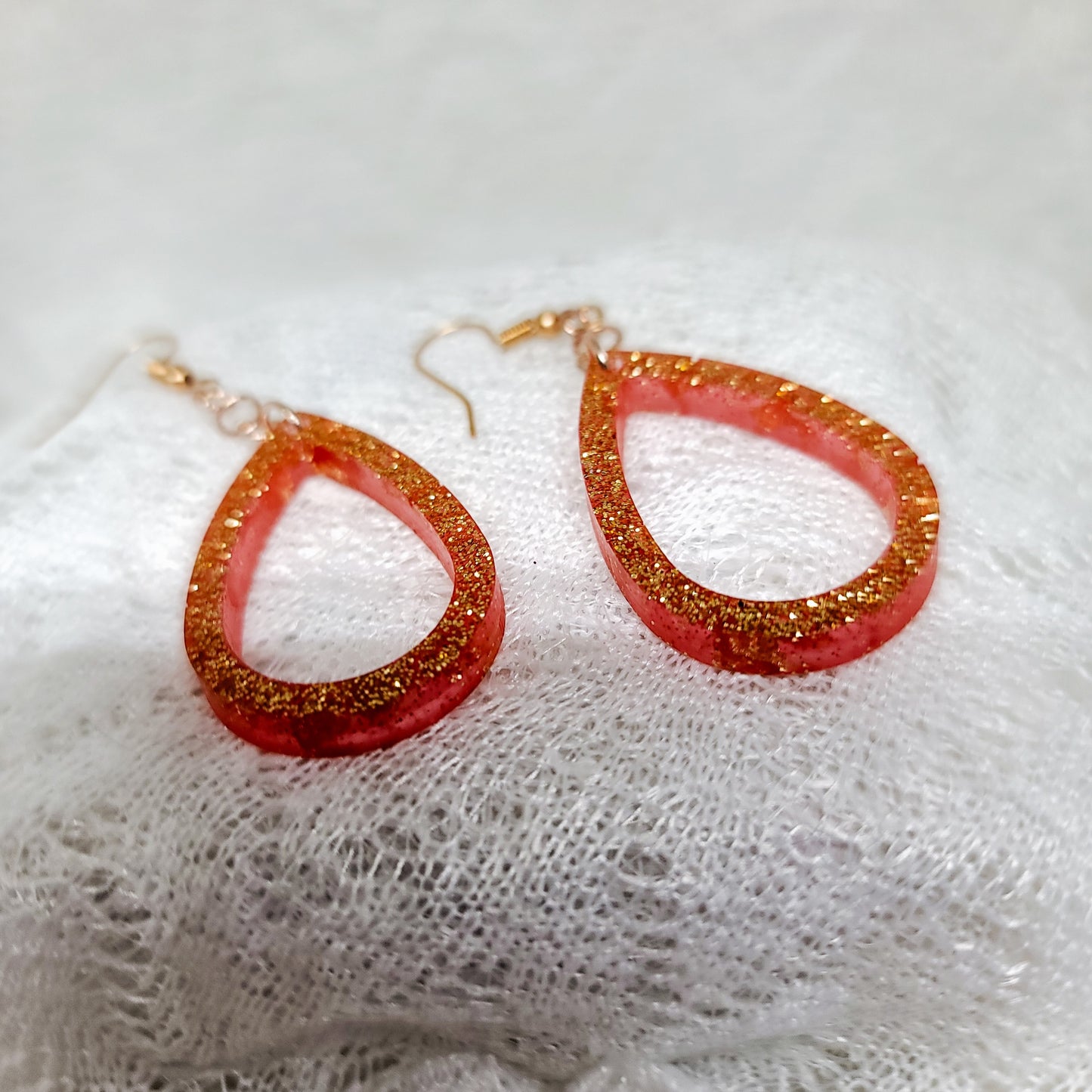 Gold Glitter With Red Tint Small Teardrop Hoop Earrings