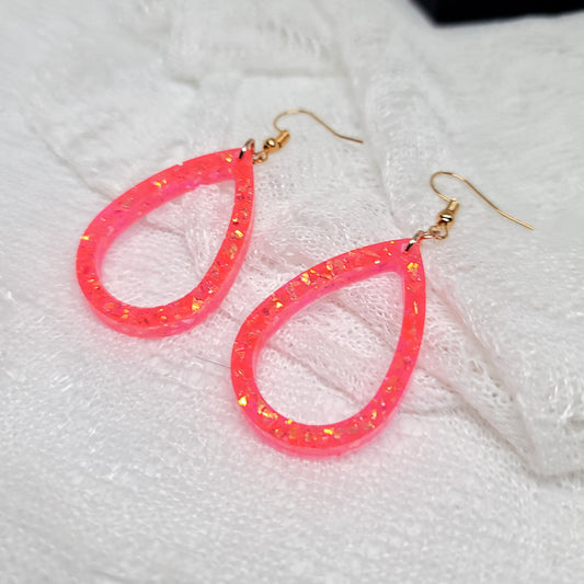 Neon Pink/Orange Gold Confetti Small Hoop Teardrop Earrings