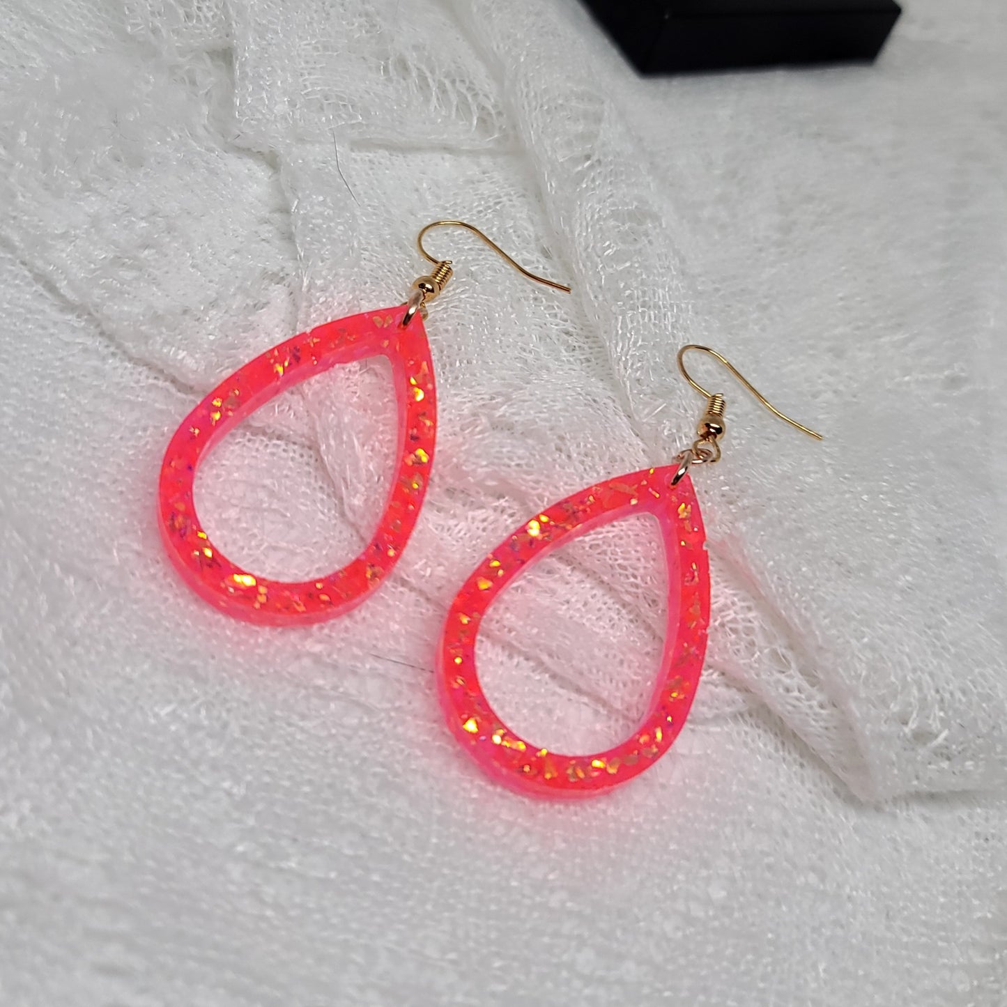 Neon Orange Gold Glitter Larger Hoop Teardrop Earrings