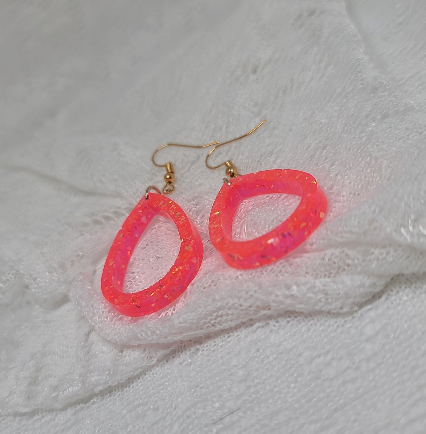 Neon Pink/Orange Gold Confetti Small Hoop Teardrop Earrings