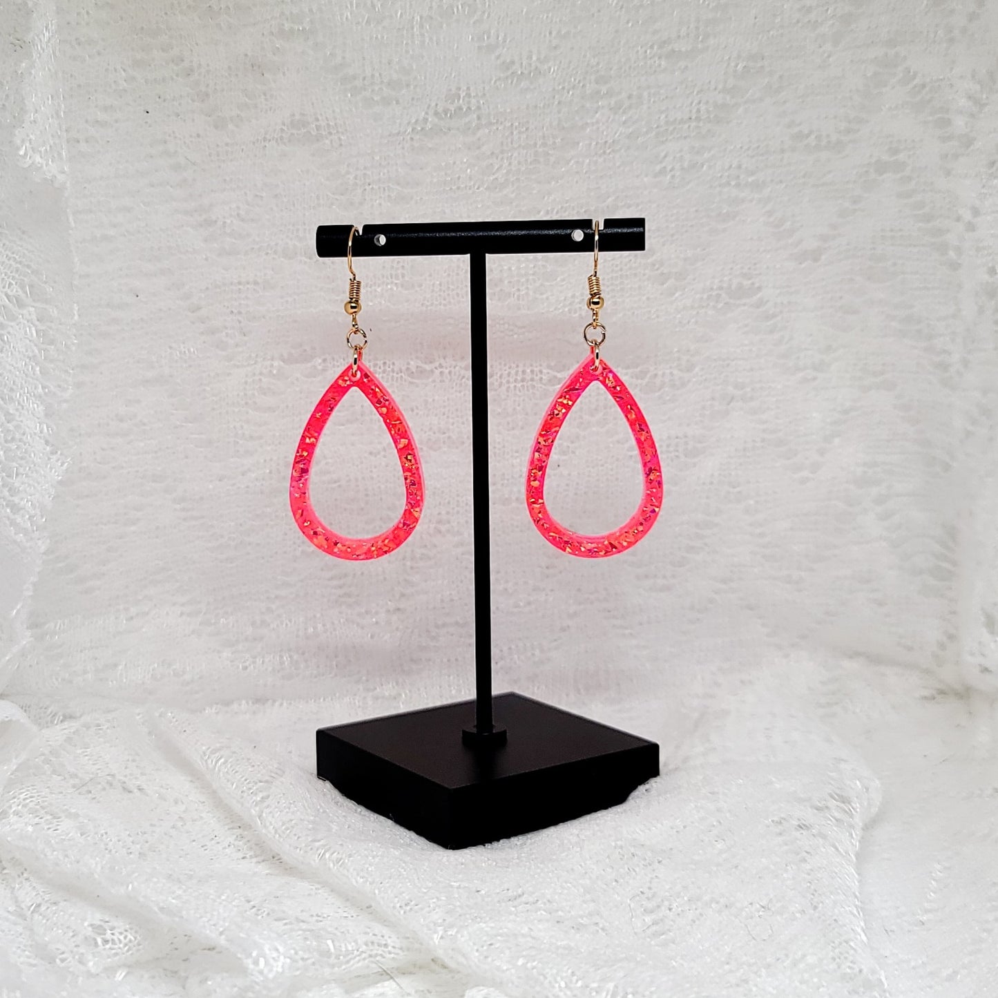 Neon Pink/Orange Gold Confetti Small Hoop Teardrop Earrings