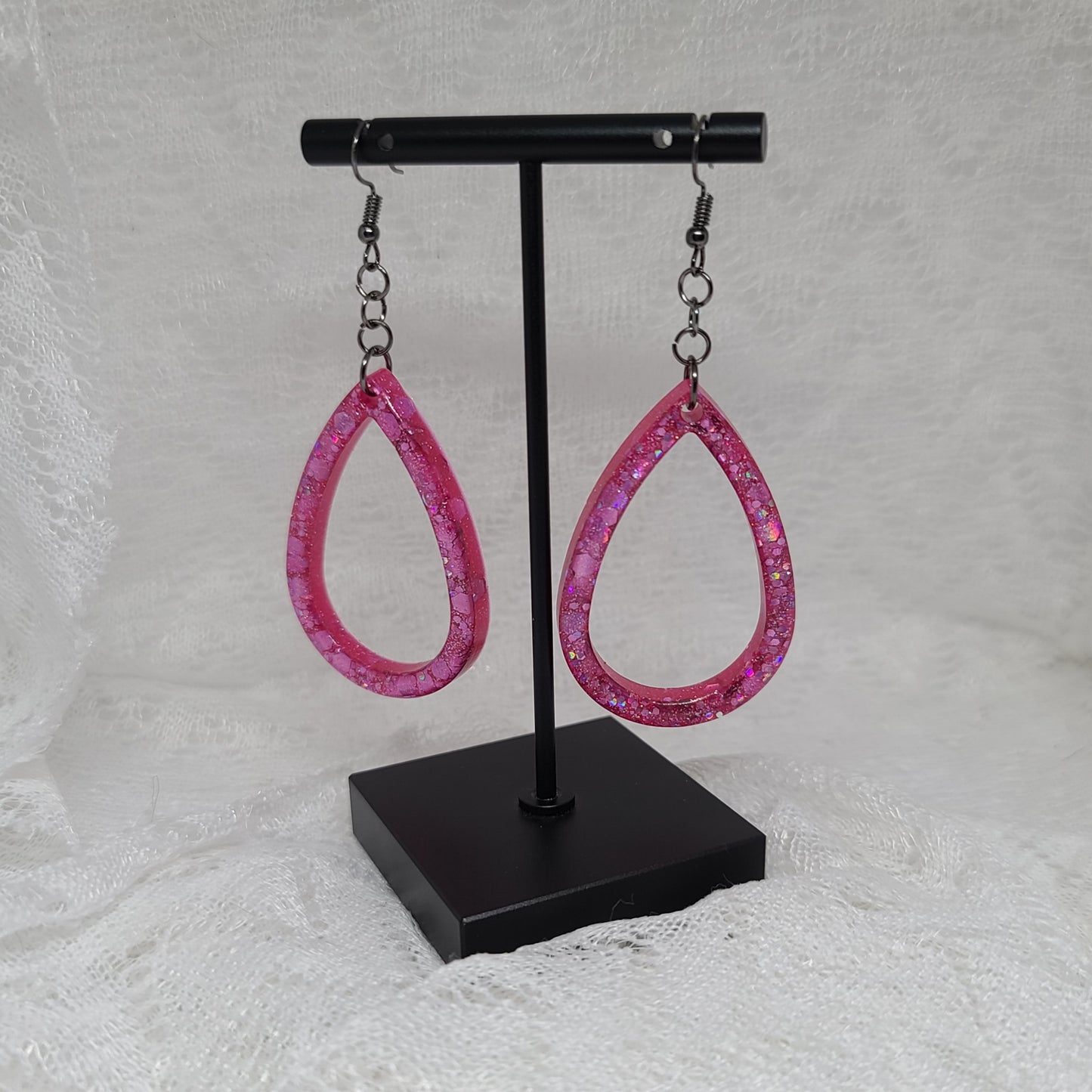 Pink Glitter Hoop Teardrop Earrings