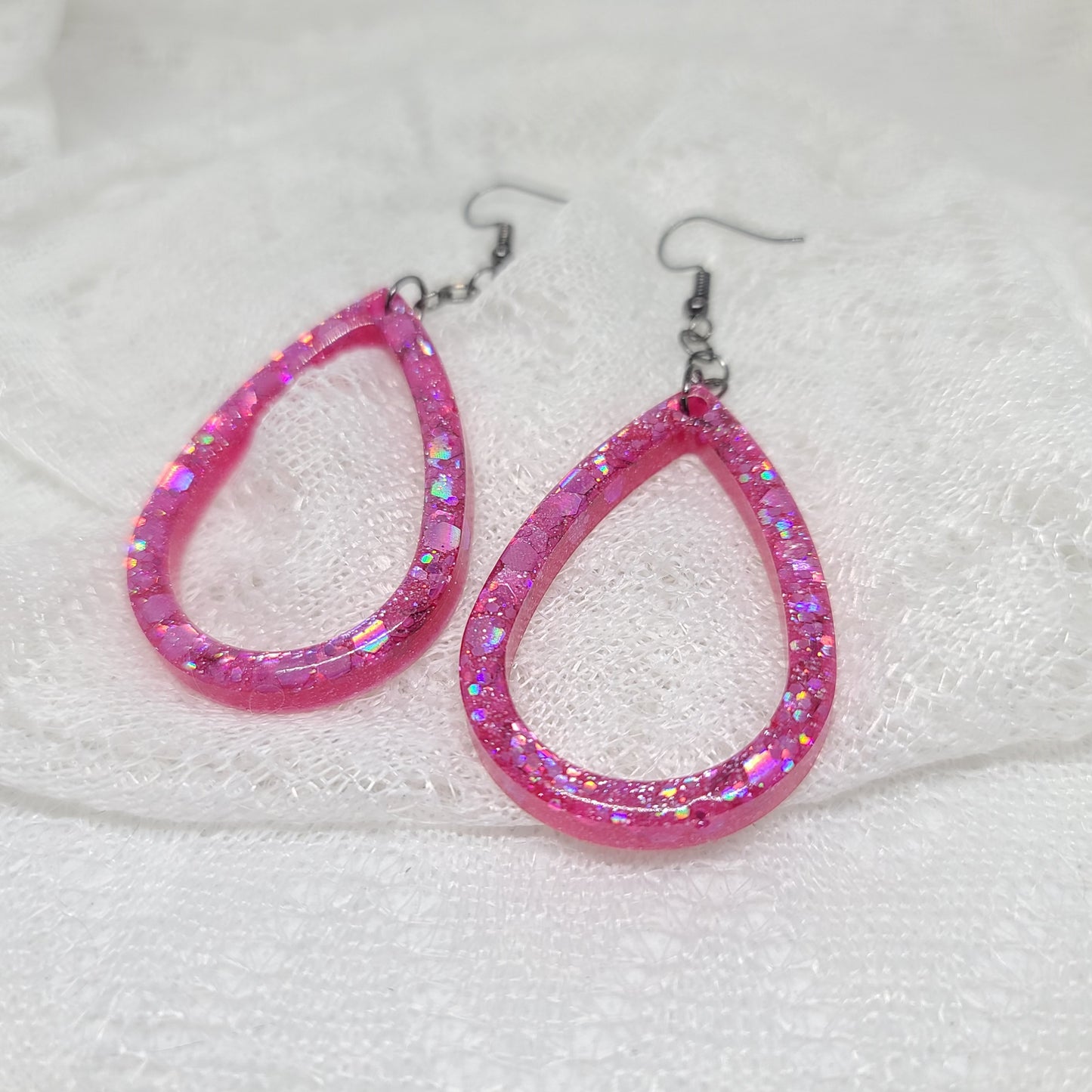 Pink Glitter Hoop Teardrop Earrings