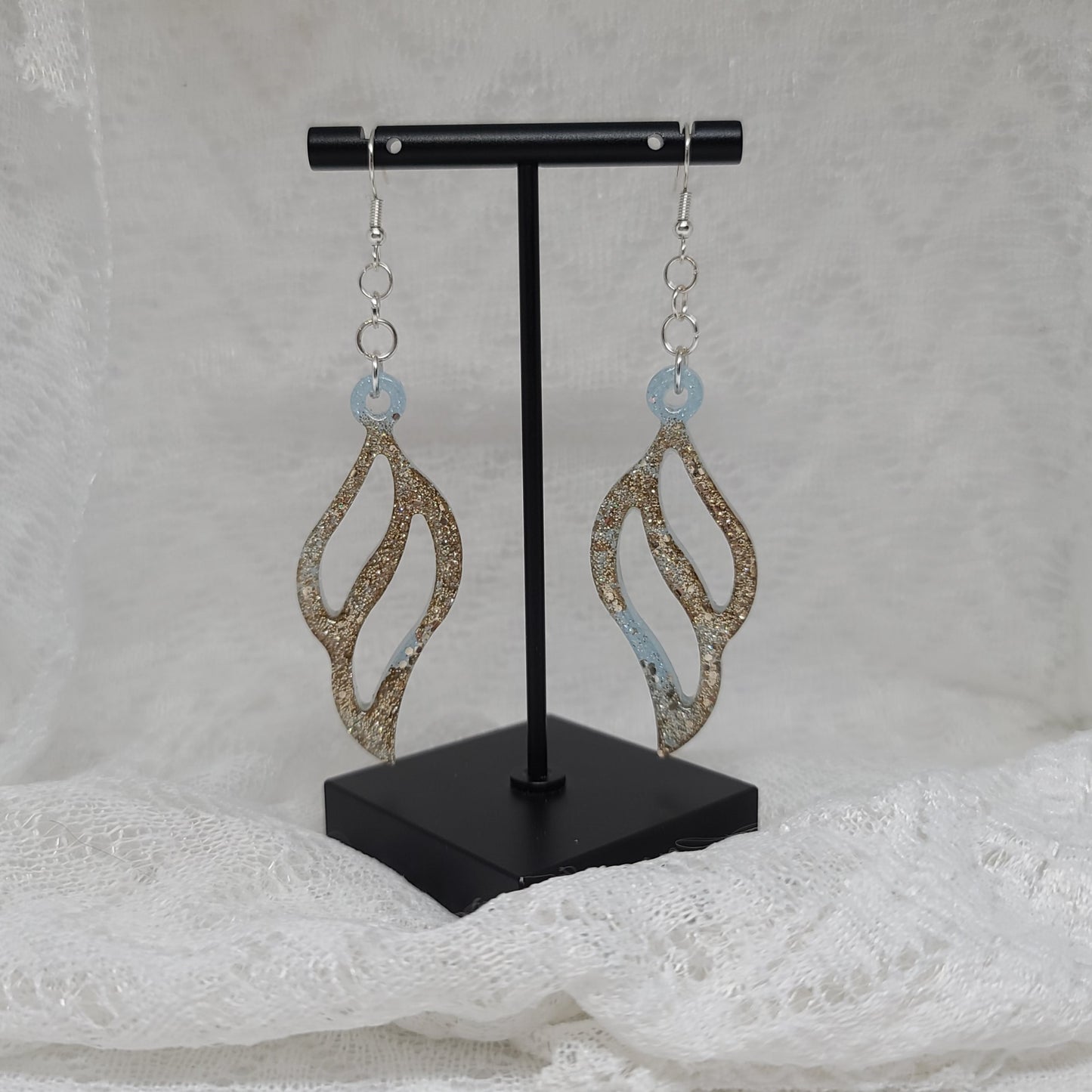 Gold Glitter Light Blue Tint Feather Dangle Earrings
