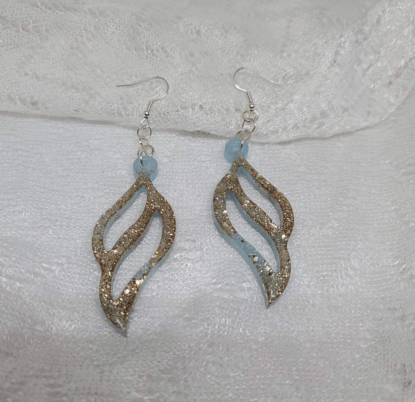 Gold Glitter Light Blue Tint Feather Dangle Earrings