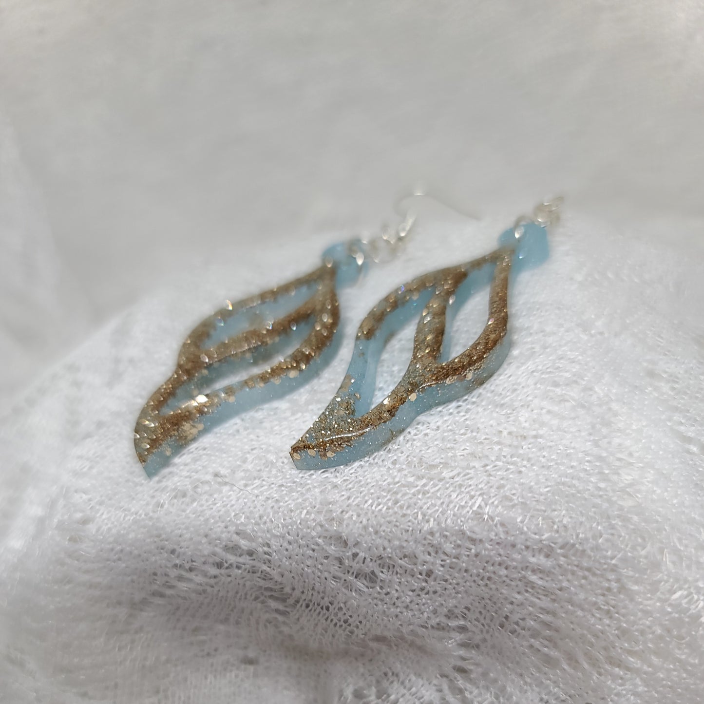 Gold Glitter Light Blue Tint Feather Dangle Earrings