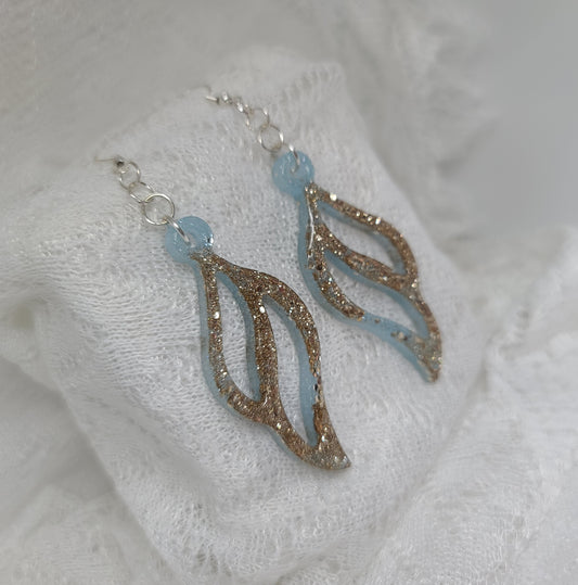 Gold Glitter Light Blue Tint Feather Dangle Earrings