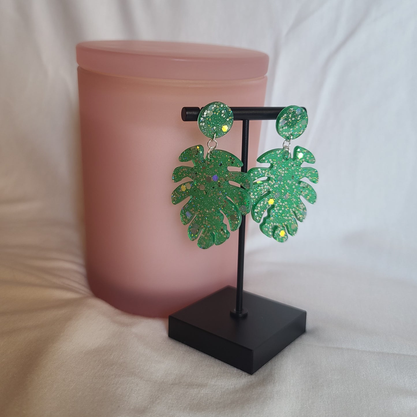Green Silver Glitter Monstera Dangle Earrings