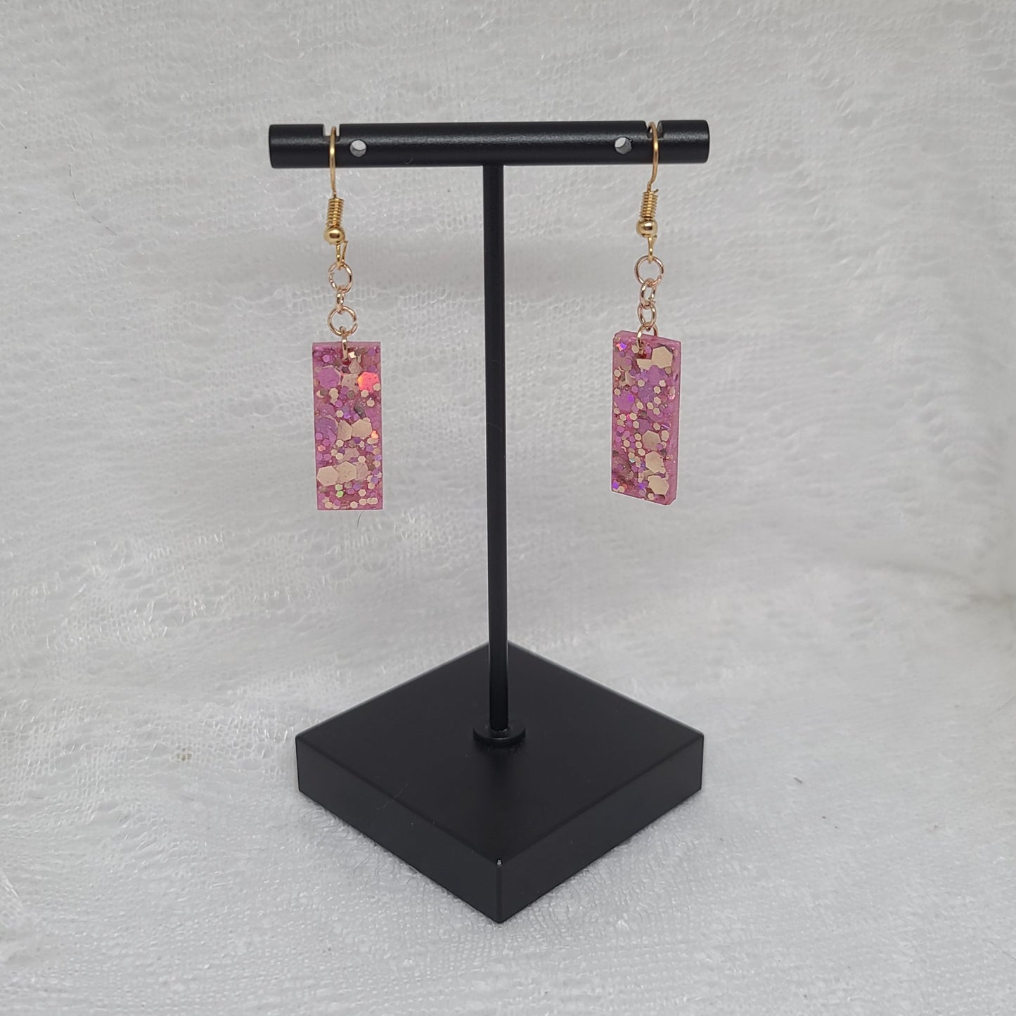 Pink Rose Gold Glitter Small Rectangle Dangle Earrings