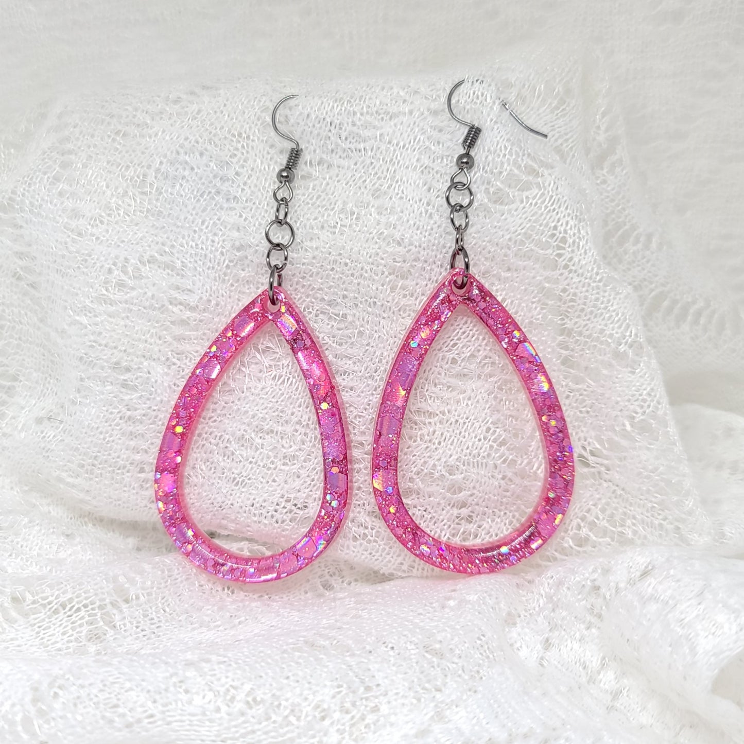 Pink Glitter Hoop Teardrop Earrings