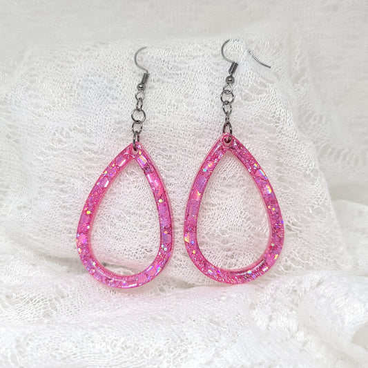 Pink Glitter Hoop Teardrop Earrings