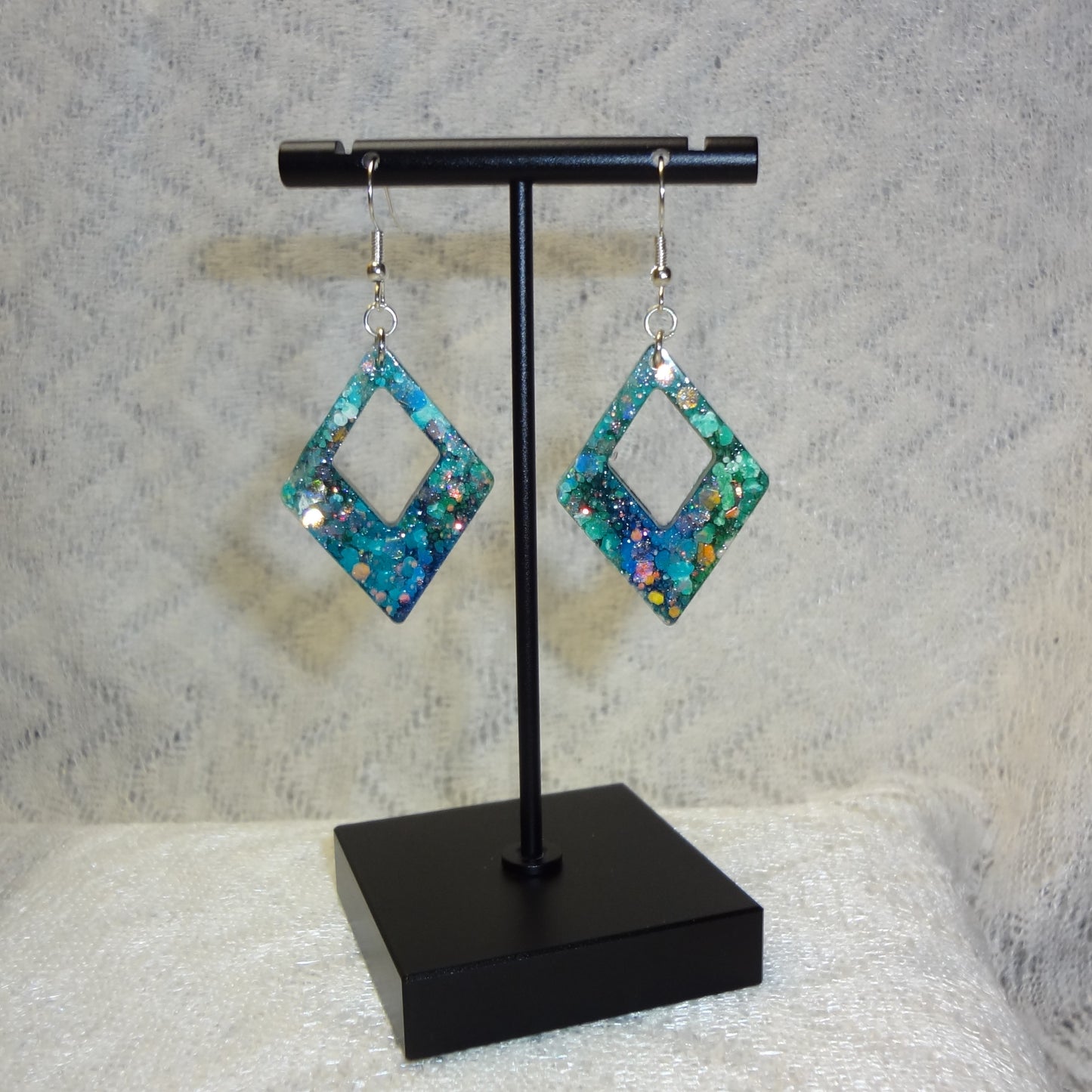 Green, Blue, & White Tie Dye Triangle Diamond Shaped Dangle Earrings