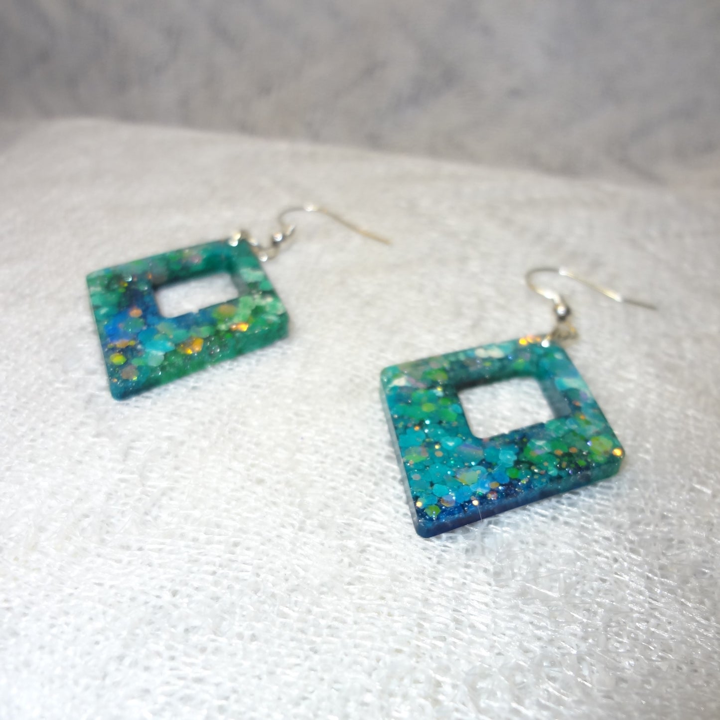 Green, Blue, & White Tie Dye Triangle Diamond Shaped Dangle Earrings