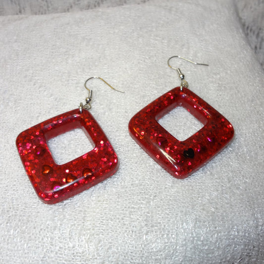 Red Glitter with Hearts Diamond Shaped Dangle Earrings