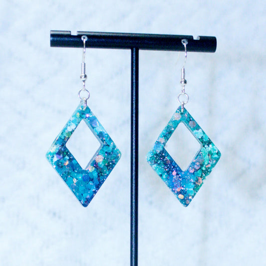 Green, Blue, & White Tie Dye Triangle Diamond Shaped Dangle Earrings