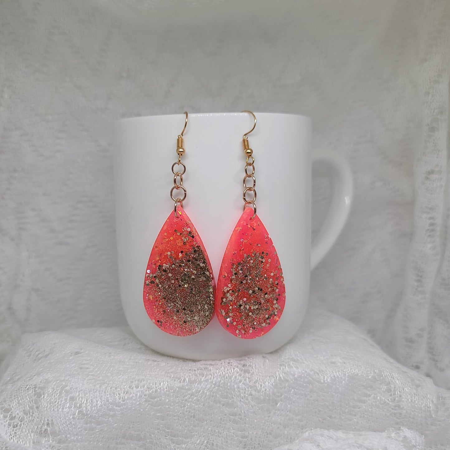 Neon Orange with Gold Glitter Teardrop Dangle Earrings