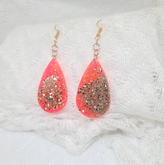 Neon Orange with Gold Glitter Teardrop Dangle Earrings