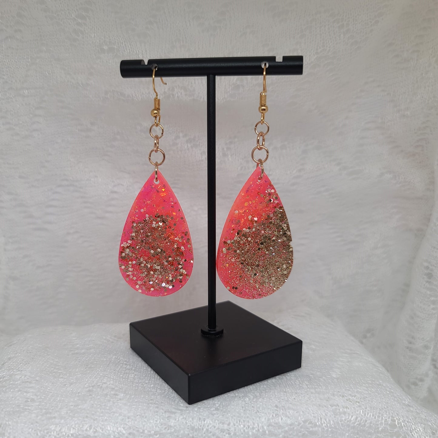 Neon Orange with Gold Glitter Teardrop Dangle Earrings
