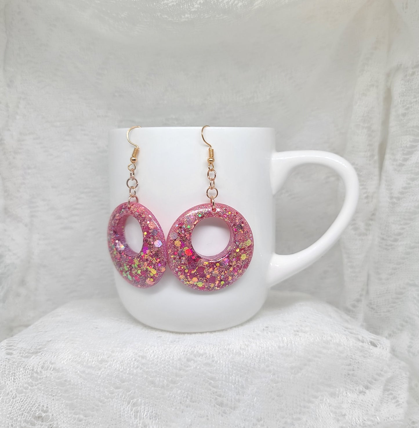 Pink & Rose Gold Glitter Round Dangle Earrings