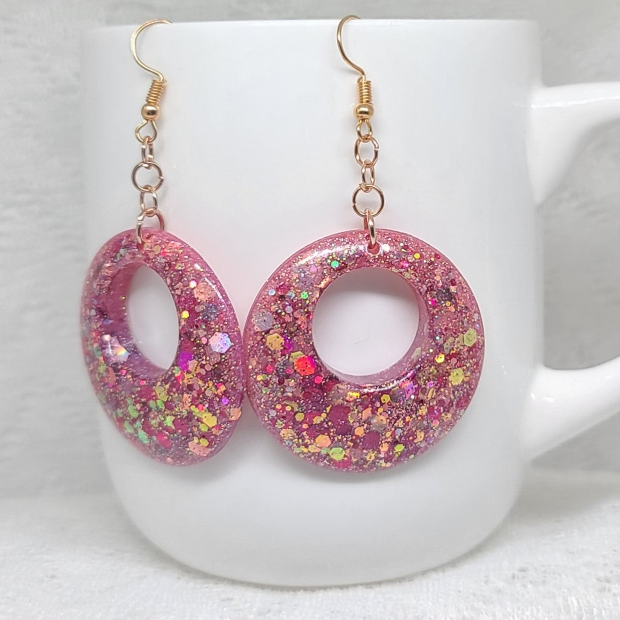 Pink & Rose Gold Glitter Round Dangle Earrings