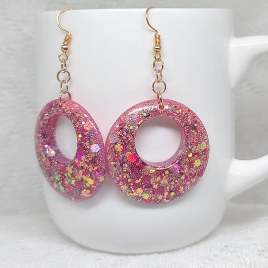 Pink & Rose Gold Glitter Round Dangle Earrings
