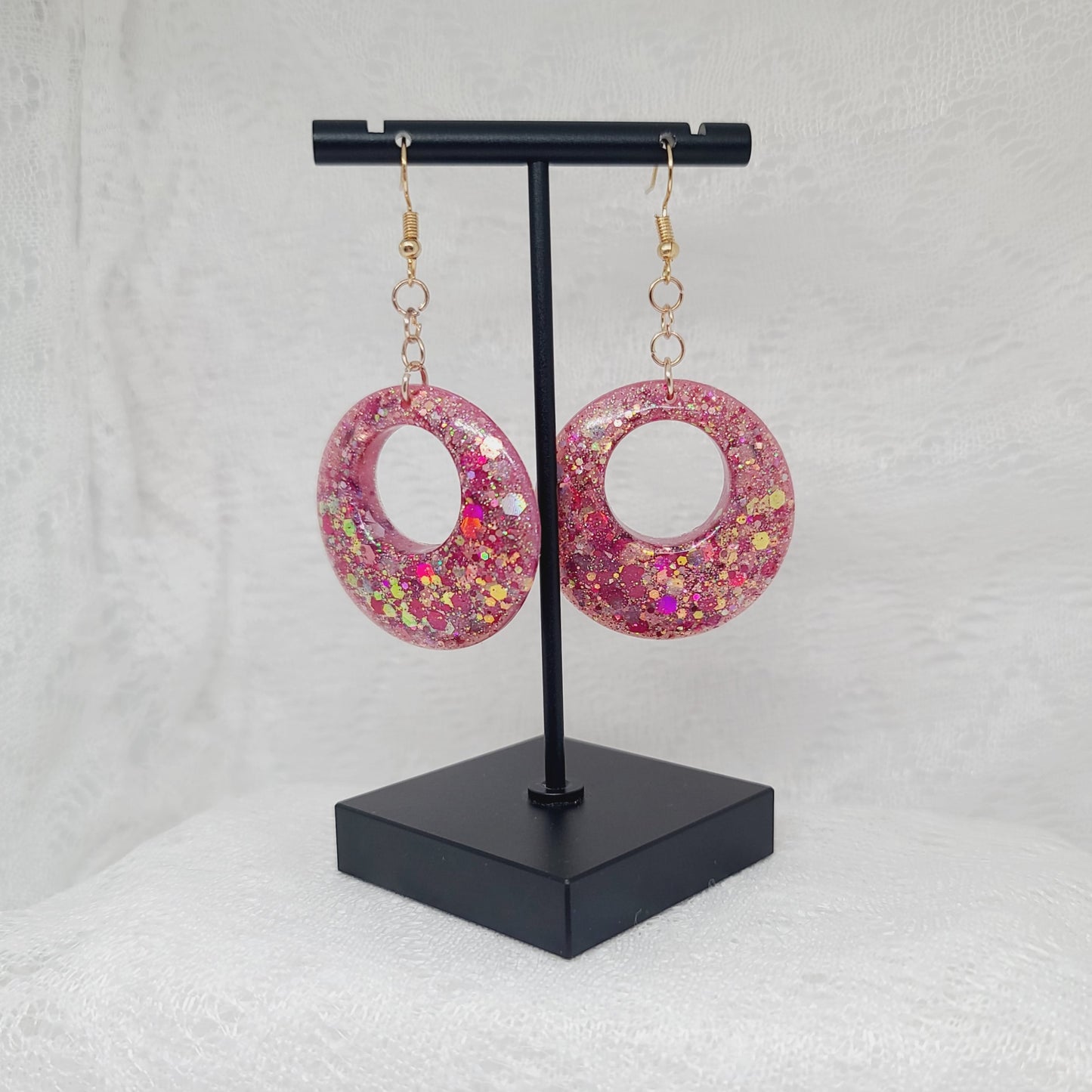 Pink & Rose Gold Glitter Round Dangle Earrings