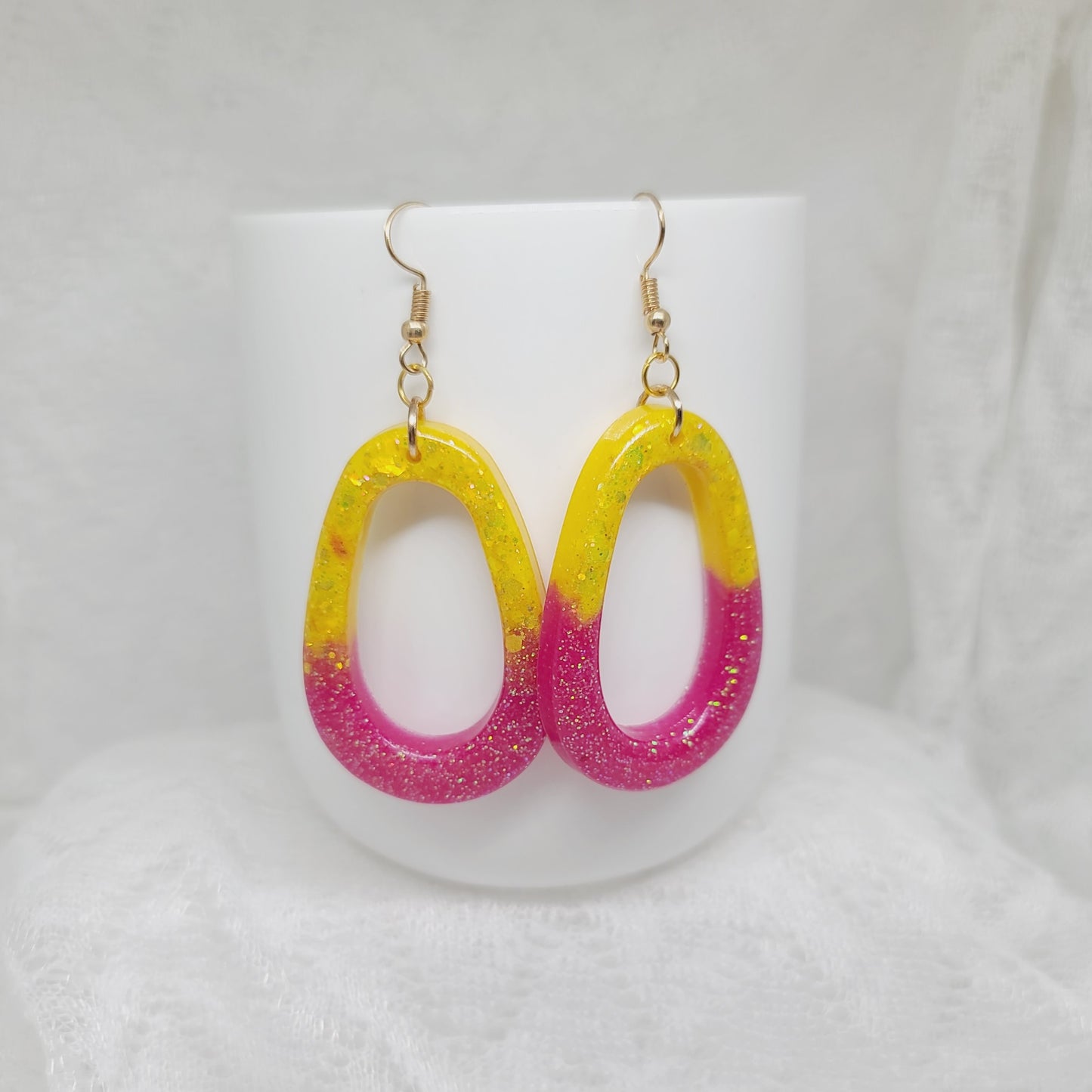 Pink & Yellow Glitter Hoop Dangle Earrings