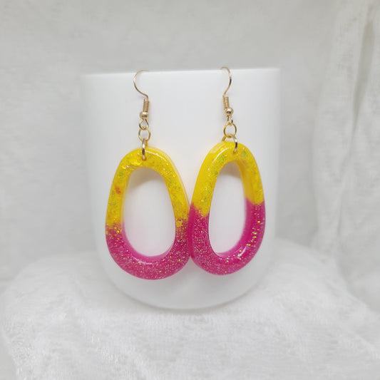 Pink & Yellow Glitter Hoop Dangle Earrings