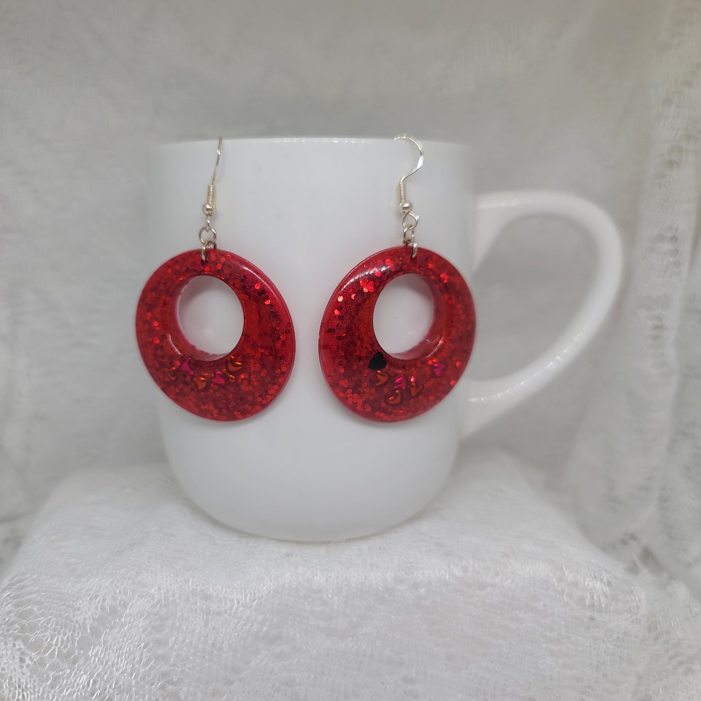Red Glitter with Red & Black Hearts Round Dangle Earrings