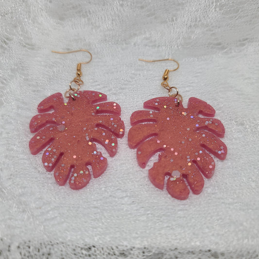 Pink/Mauve Monstera Leaf Dangle Earrings