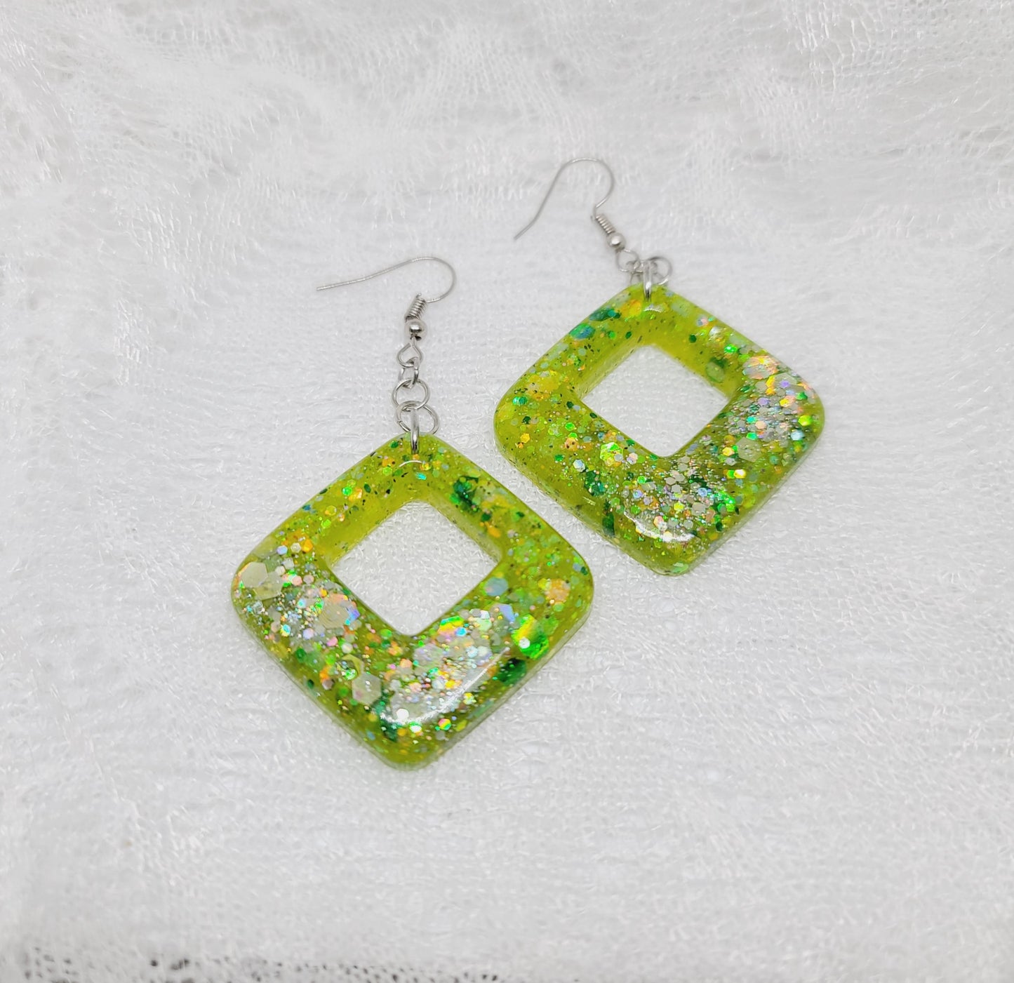 Lime Green Glitter Triangle Dangle Earrings