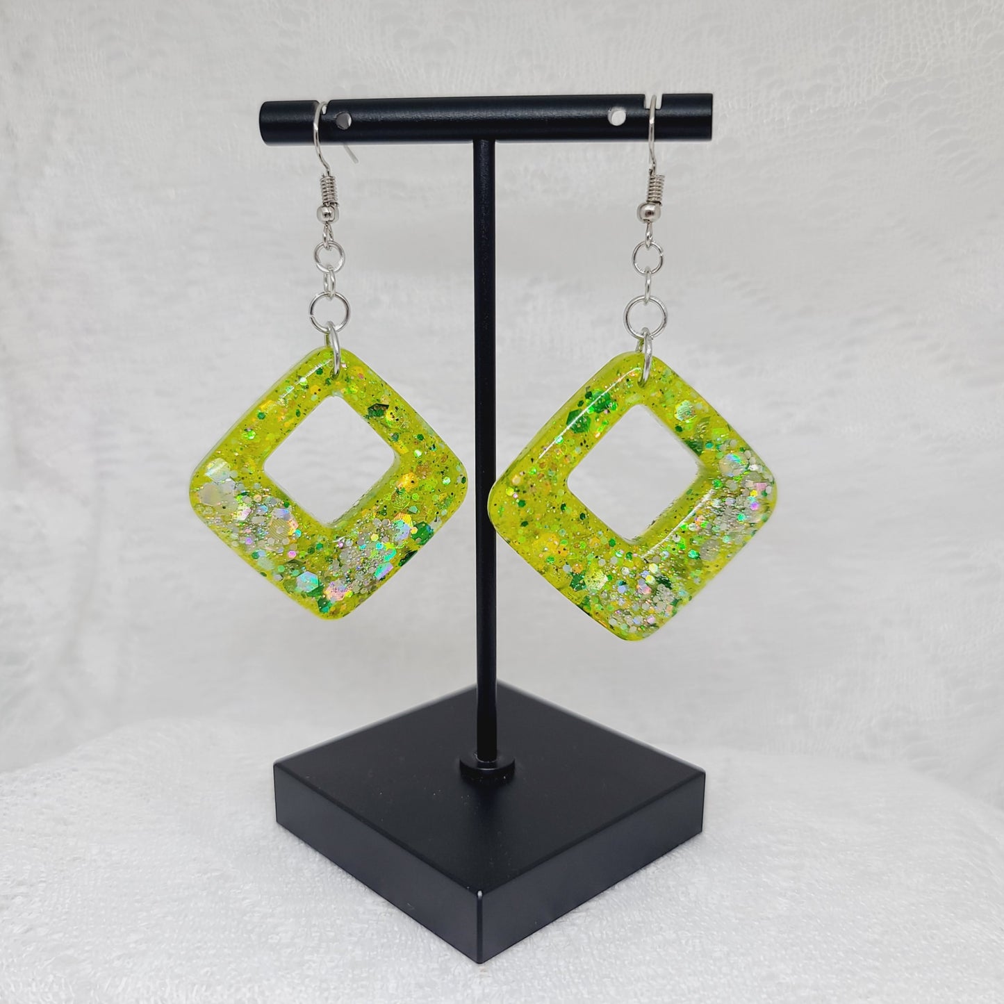 Lime Green Glitter Triangle Dangle Earrings