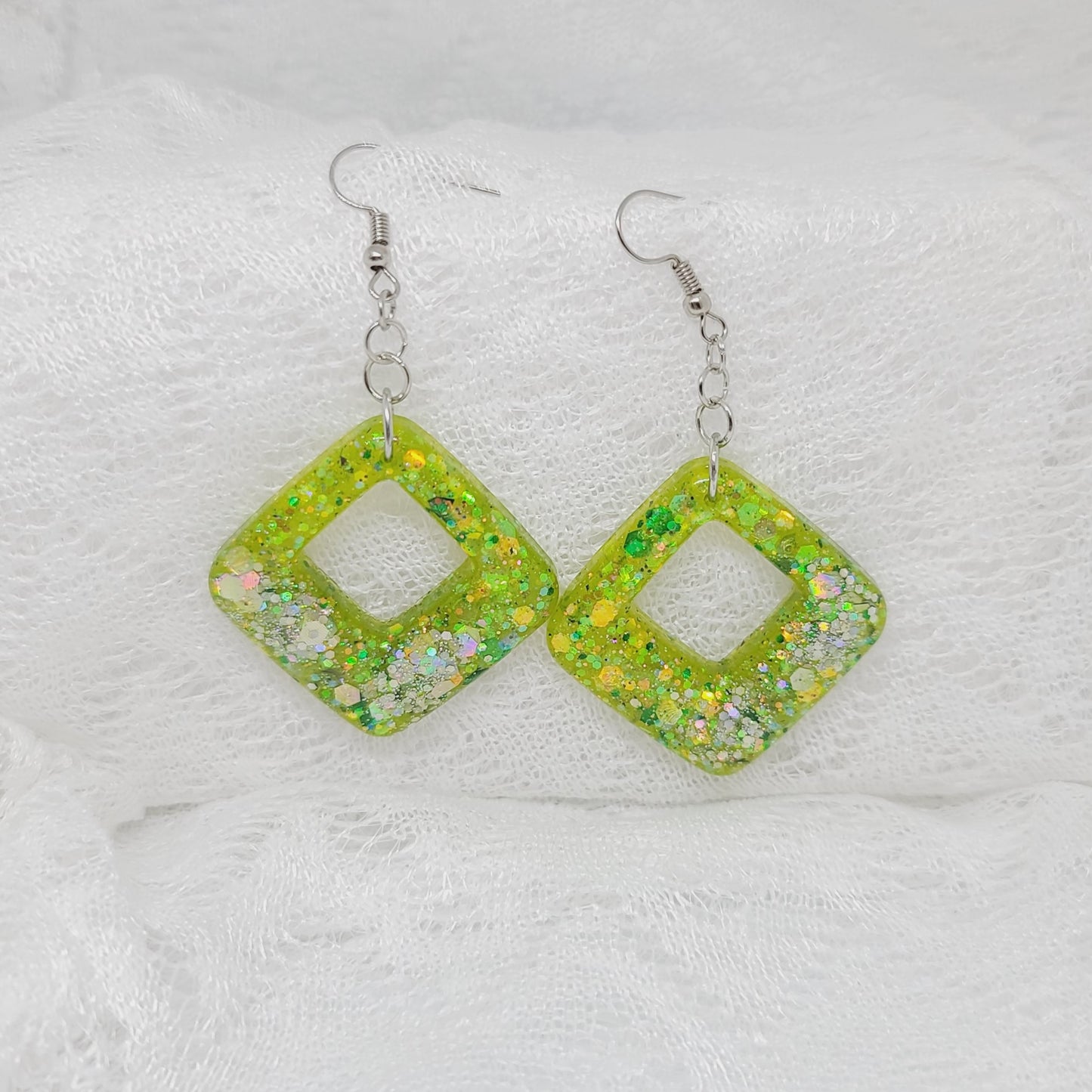 Lime Green Glitter Triangle Dangle Earrings