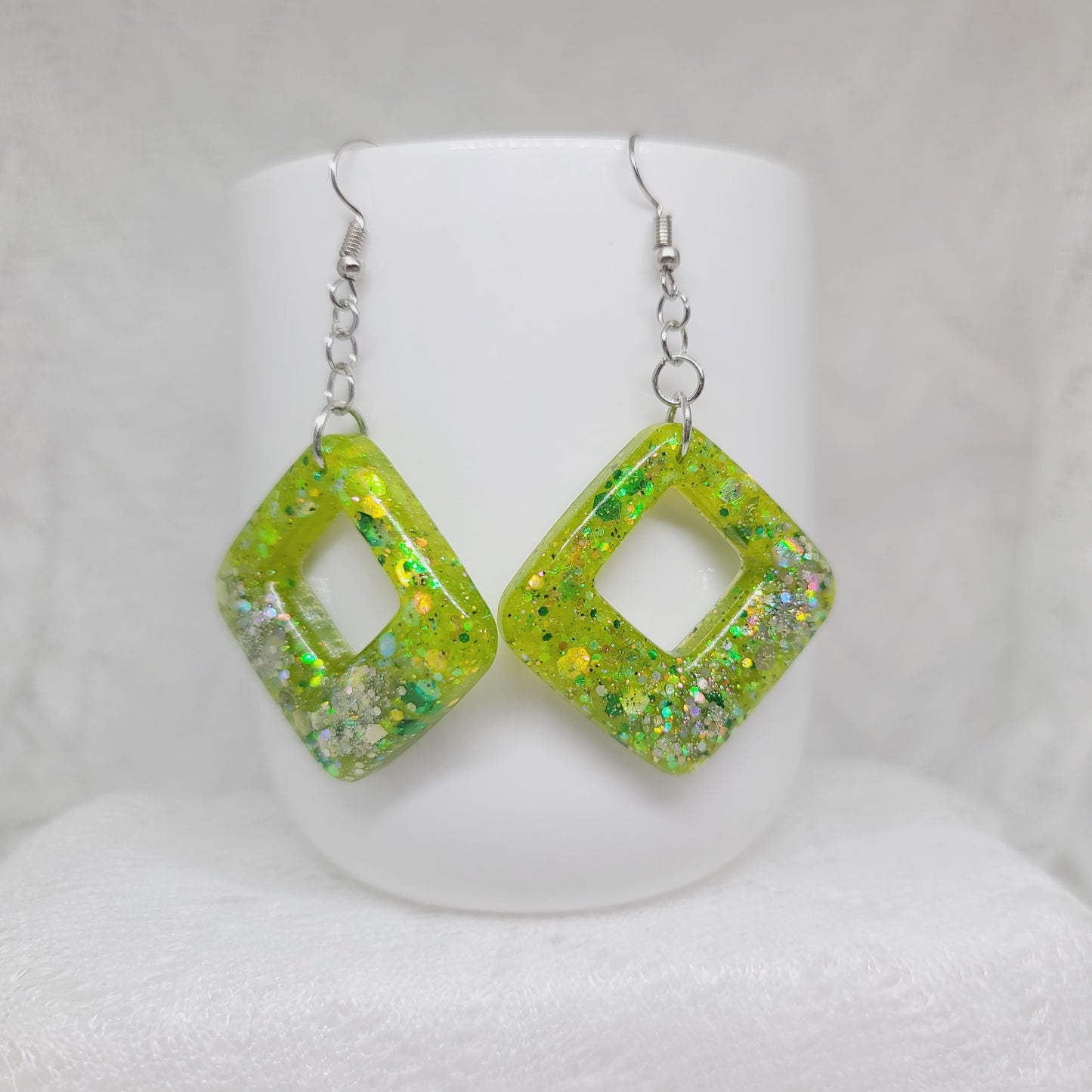 Lime Green Glitter Triangle Dangle Earrings