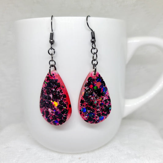 Pink & Chunky Black Glitter Teardrops Earrings