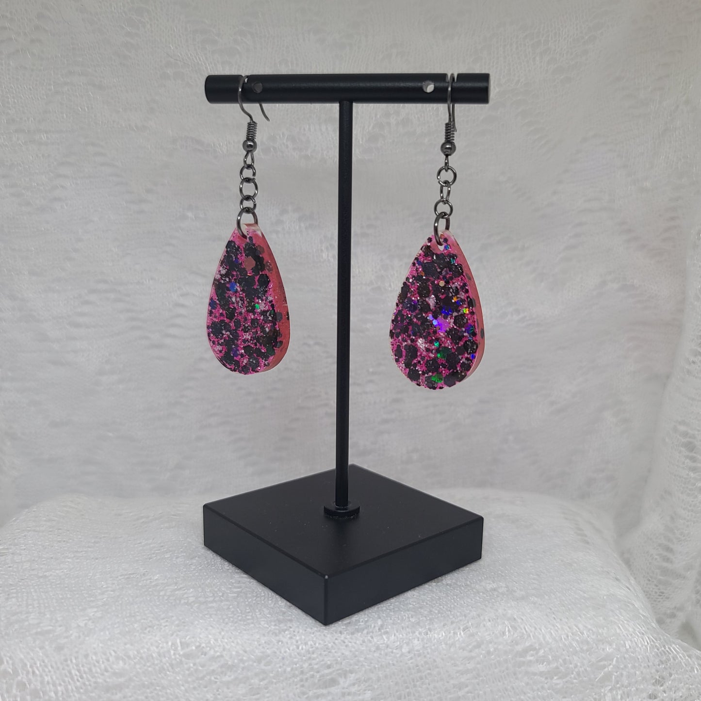 Pink & Chunky Black Glitter Teardrops Earrings